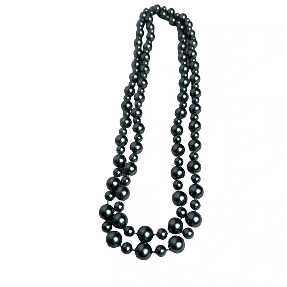 Gunmetal Grayish Black Faux Pearl Long Necklace - Picture 2 of 11